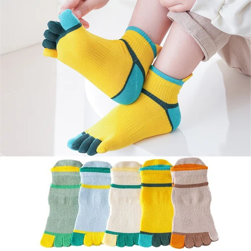 Imagen 1 del producto 5 pares de calcetines tobilleros de cinco dedos para niños, calcetines deportivos sin costuras de Color brillante de algodón puro para bebés, niños y niñas