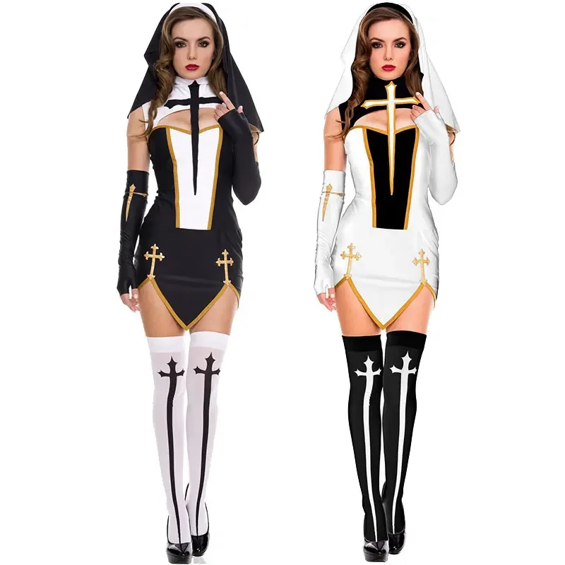 

Sexy Lady Nun Costume Halloween Priest Cross Toga Christian Believer Costumes Church Religious Convent Cosplay Party Dress