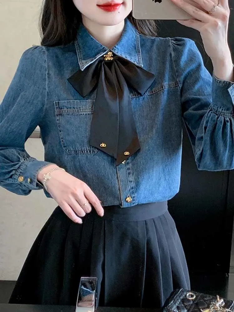 Autumn Spring Denim Women Shirts Bows Sweet Solid Korean Fashion Basics Blouses Elegant Casual Loose Blusas Mujer