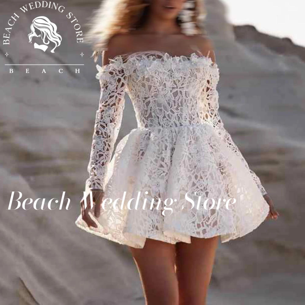 

Beach Customized Boat Neck Above Knee Lace up Back Boho Wedding Dresses Corset High quality Long Sleevs Bridal Gown Maternity