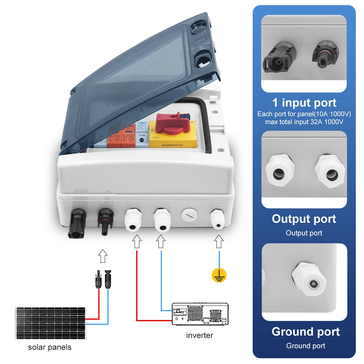 Solar photovoltaic PV Combiner Box With Lightning Protection 1 input 1 out DC 1000V Fuse MCB SPD Waterproof Box IP65