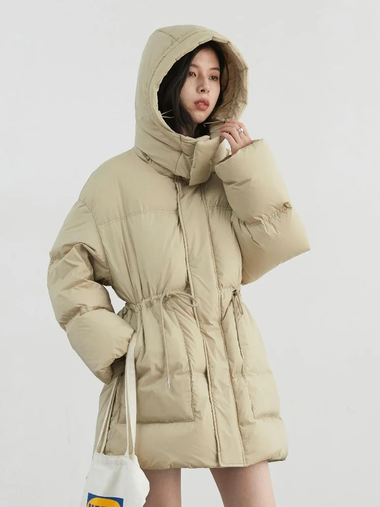 CHIC VEN Women Down Jacket Loose Solid New Hooded Waist Puff Female Down Jacket Medium Long 90 White Duck Coat Winter 2024