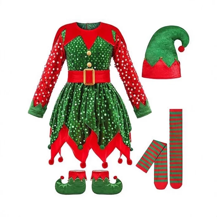 Fantasia de elfo de natal para meninas, vestido de fada verde para crianças, roupa de performance de festa de feriado, fantasia de cosplay infantil