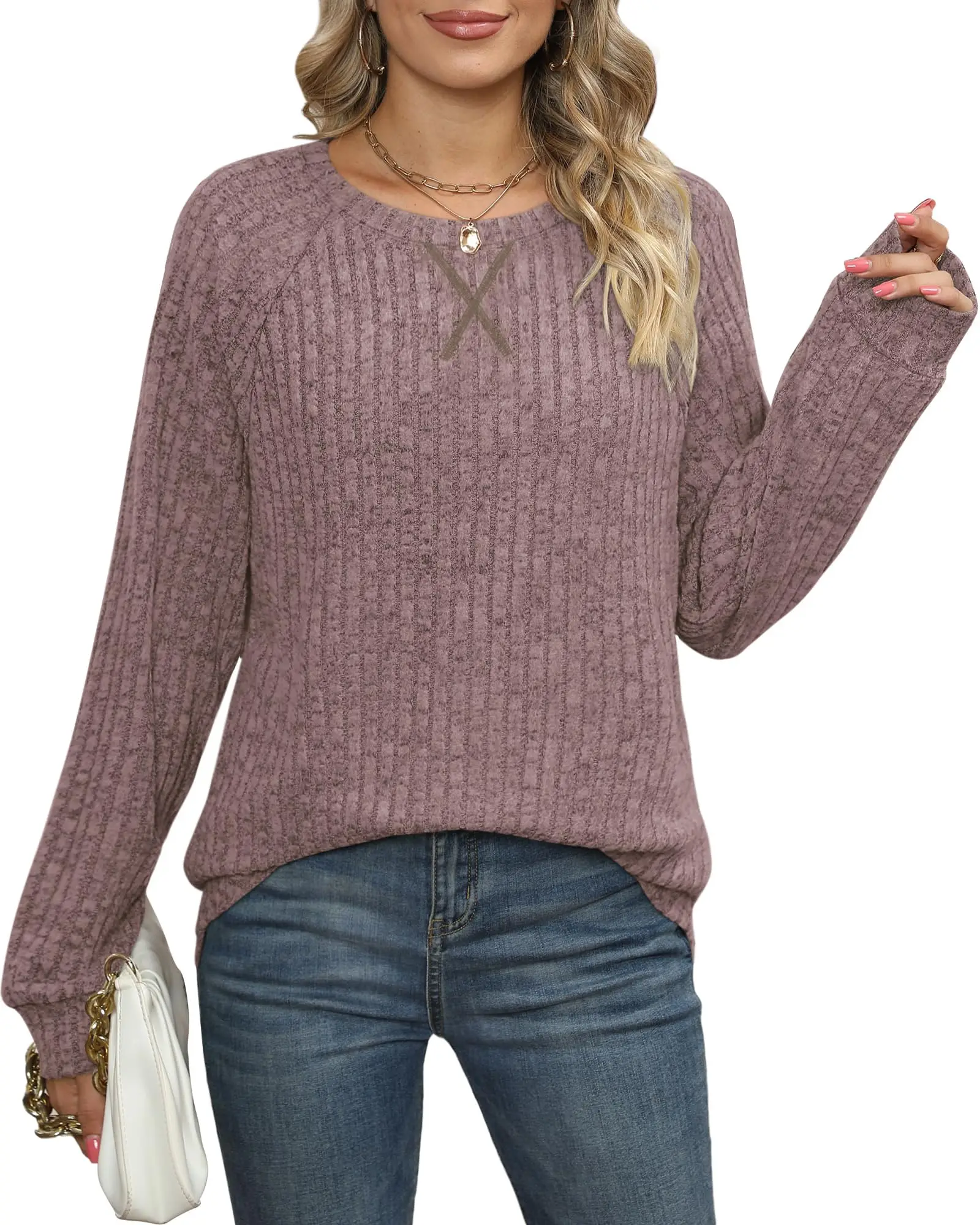 Ladies Crew‑Neck Long‑Sleeve Textured Knit Pullover Neckline X‑Shaped Embroidery Relaxed Silhouette Daily Top For Casual Outings