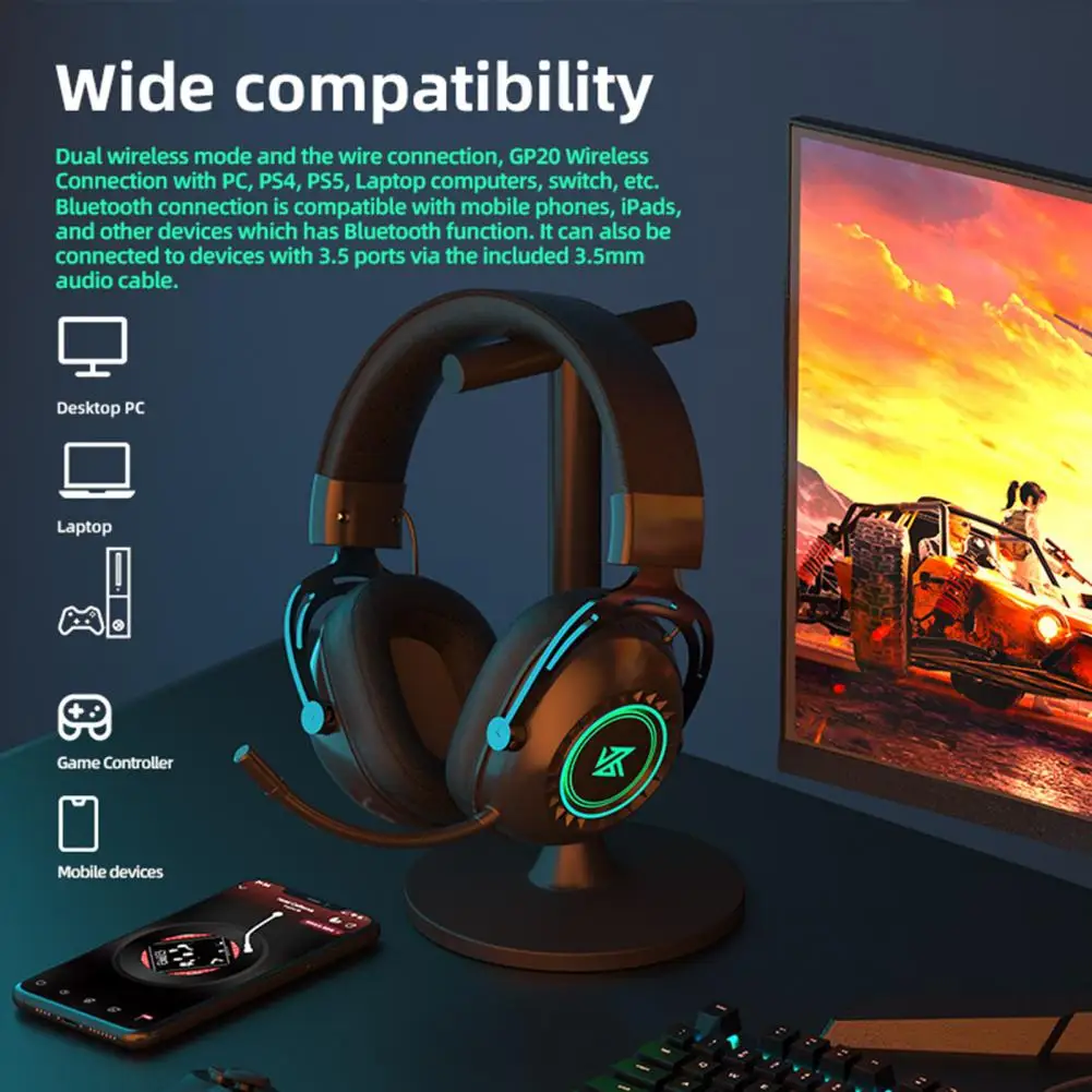 Practical Bluetooth-compatible5.0 2.4G Wireless Gaming Headphone Soft Ear Pads Headphone Stable Output for Computer