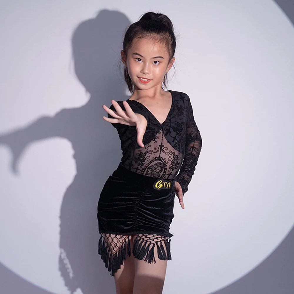 Girls Black Lace Latin Dance Costume Long Sleeves Fringe Dress Kids Professional Latin Dance Performance Clothes Suit DNV23712