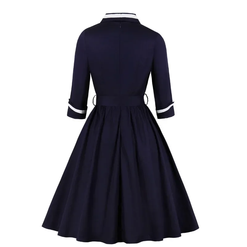 2024 New Hepburn Vintage Style Wrap Belted Elegant Pleated Autumn Dress Women Winter Robe Femme 3/4 Length Sleeve Cotton Dresses