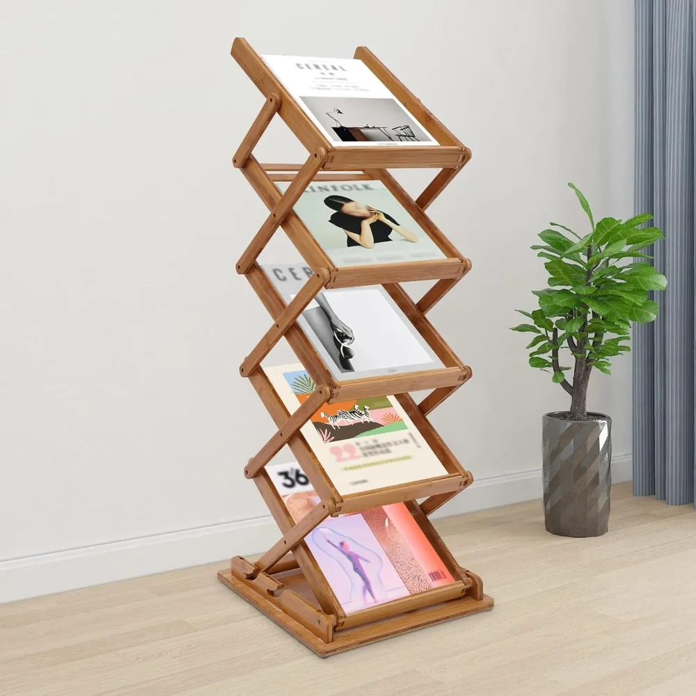 Portable Foldable wood Literature Rack Display Holder Stand Pop-up Magazine Brochure Catelog Rack Light Weight (5 Pockets)