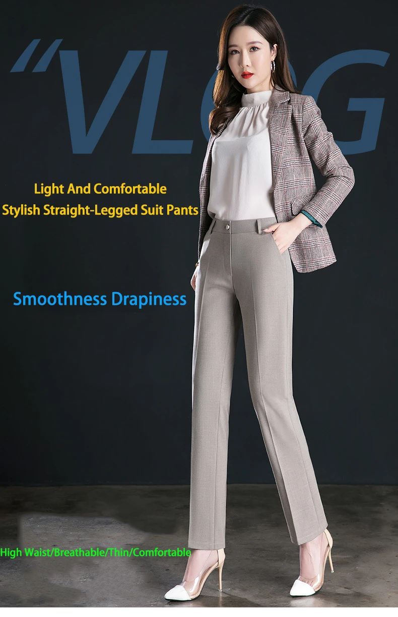 2025 Spring Fall Black Elegant Career Formal Suit Pants Women, Khaki Straight High Waist Loose Women's Work Trousers/cargo Pants