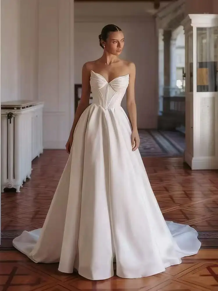 Customized Exquisite Satin  Wedding Dress 2026 High Quality Pure White Lace Up Back Formal Dress Women Elegant Women's Wedding