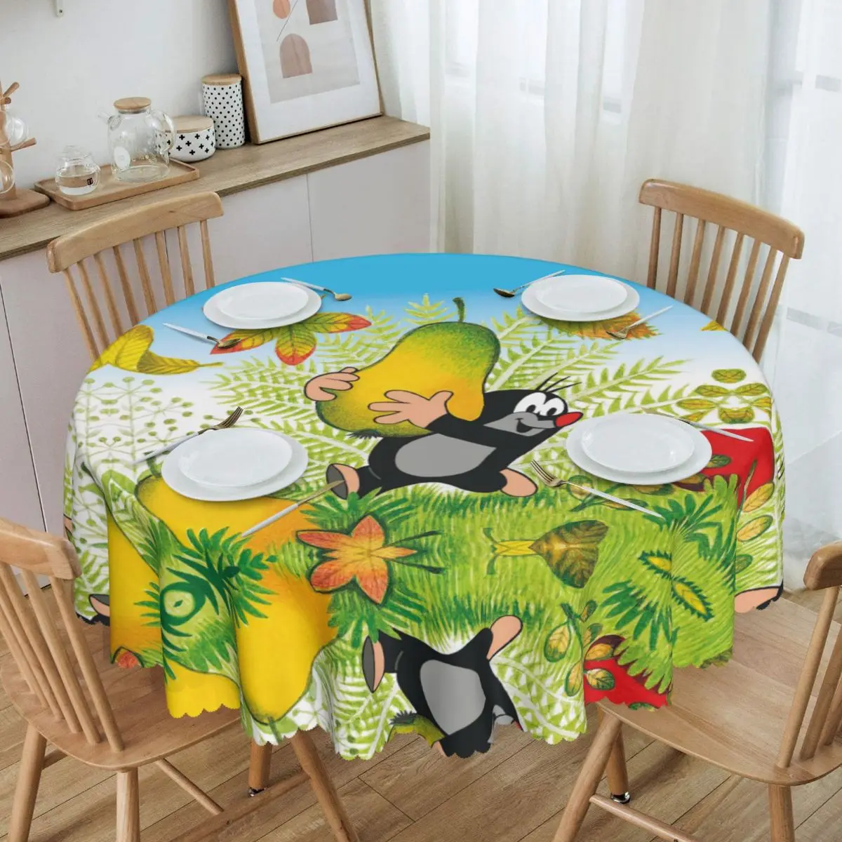 Cute Cartoon Mole Tablecloth Round Oilproof Krtek Little Maulwurf Table Cover Cloth for Banquet 60 inches