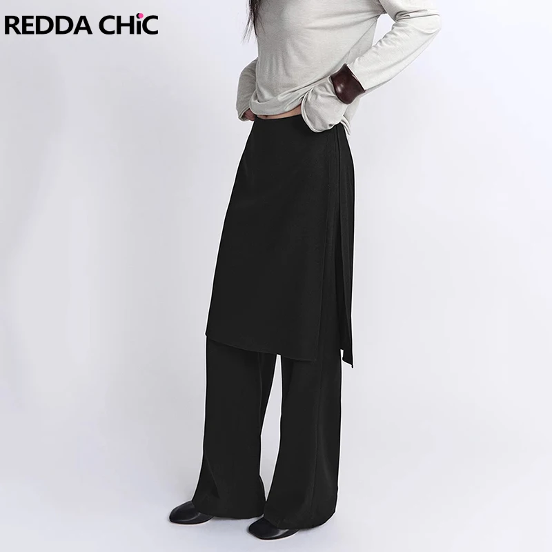REDDACHiC Wikkelrok Zwarte Broek Vintage Koreaanse Solid Split Side Straight Wijde Pijpen Broek Casual Werk Minimalistische Dameskleding