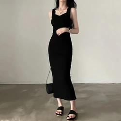 Myufon Basic Knit Long Dress Korean Fashion Square Collar Sleeveless Women's Dresses Summer Casual Y2k Vintage All-match Outftis