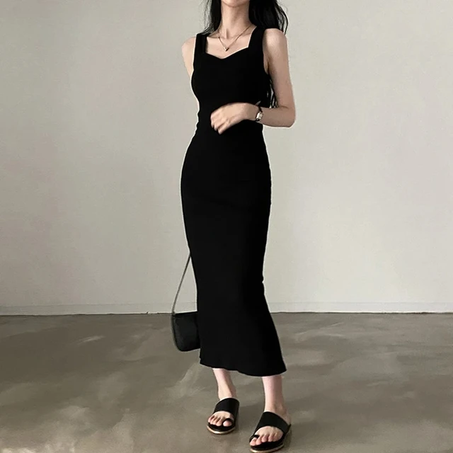 Myufon Podstawowa Dzianinowa Długa Sukienka Koreańska Moda Kwadratowy Dekolt Bez Rękawów Sukienki Damskie Letnie Codzienne Y2k Vintage Uniwersalne Stroje