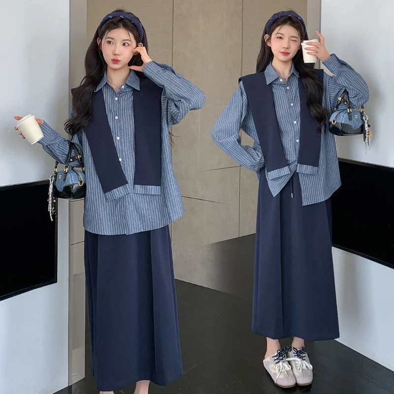 Camisa a rayas de manga larga para maternidad, traje de 3 piezas con chal y falda, moda informal holgada, estilo coreano, Vibe perezoso, otoño