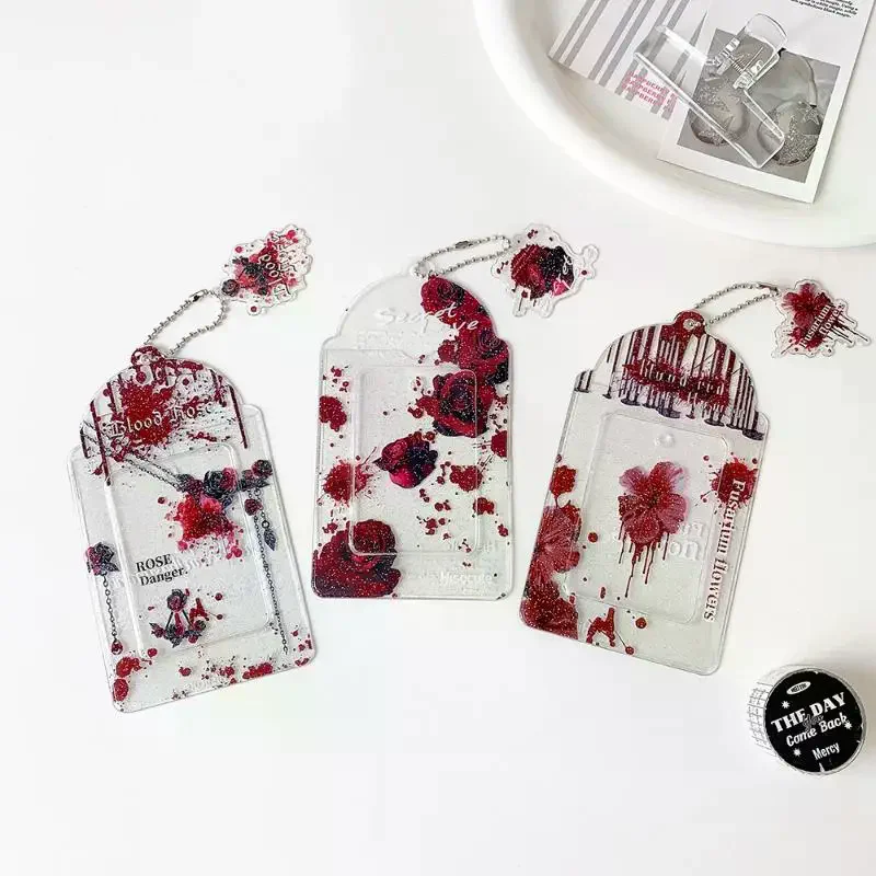 Gothic Blood Rose Acrylic Photocard Holder Kpop Idol Photo Card Case Keychain Small Card Backpack Pendant Card Protection Set