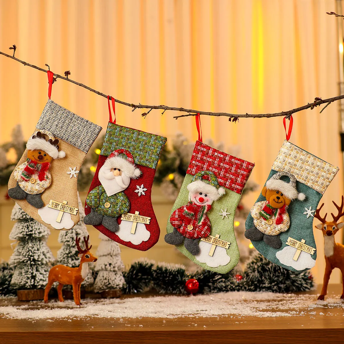 

1PC Christmas Stockings Set Large Capacity Christmas Ornament Sock Plush Santa Claus/Snowman/Bear/Elk for Home Classroom Party