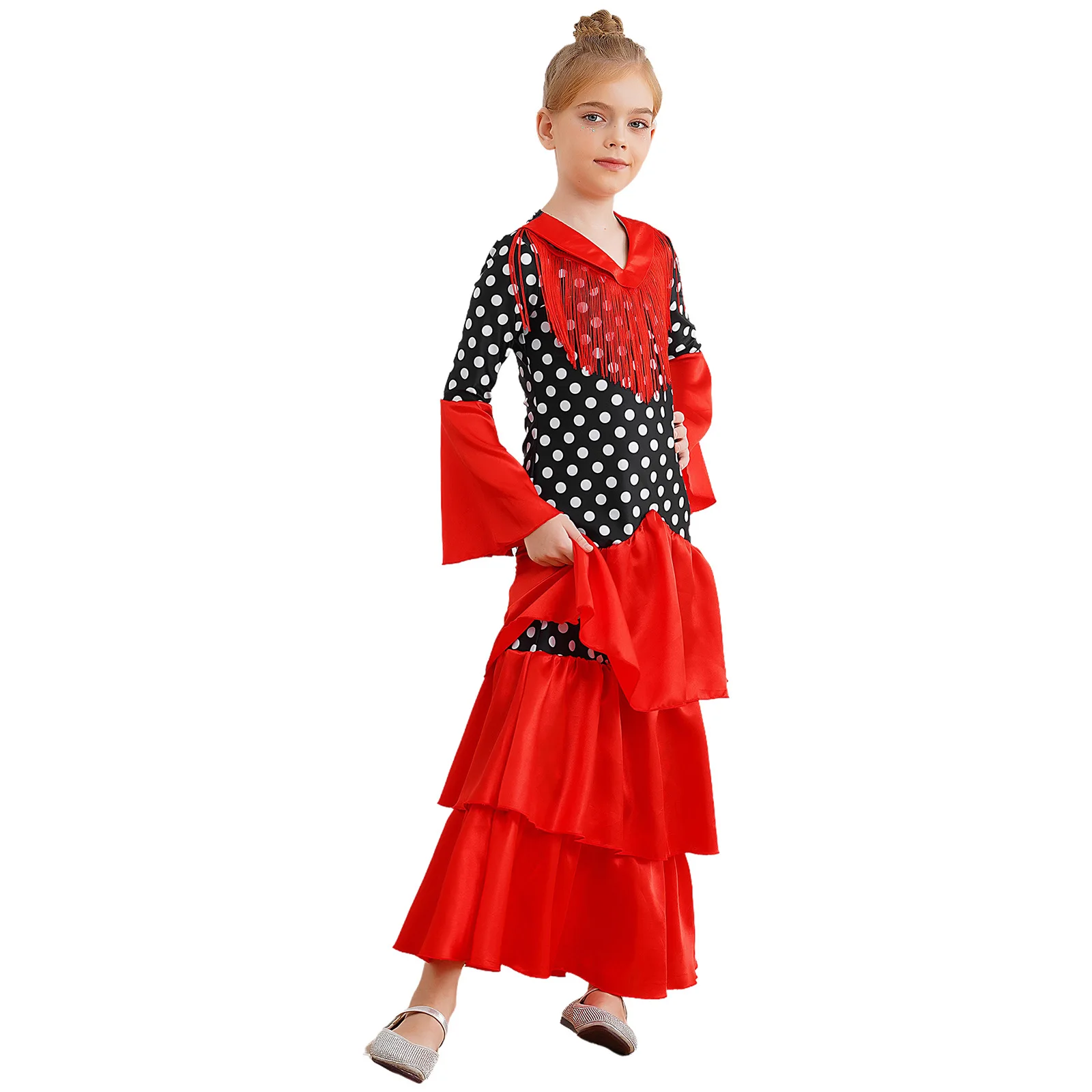 Kids Girls Flamenco Dance Dress V Neck Flared Sleeve Tiered Ruffle Dress Polka Dots Print Dress Ballroom Performance Dancewear