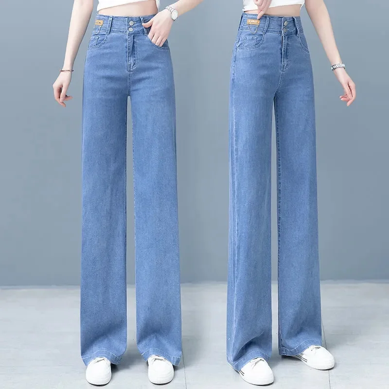 

New Summer Imitation Silk Thin Jeans Ladies Loose Wide-Leg Pants High Waist Slim Popular Straight Pants Elasticity Full Pan