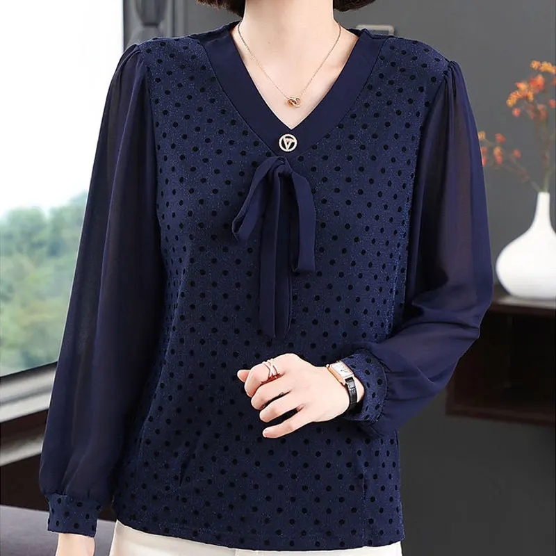 Blusa feminina estampada em bolinhas, camisa coreana com cordão, elegante com decote em v, camisa casual solta, roupas de deslocamento, primavera,