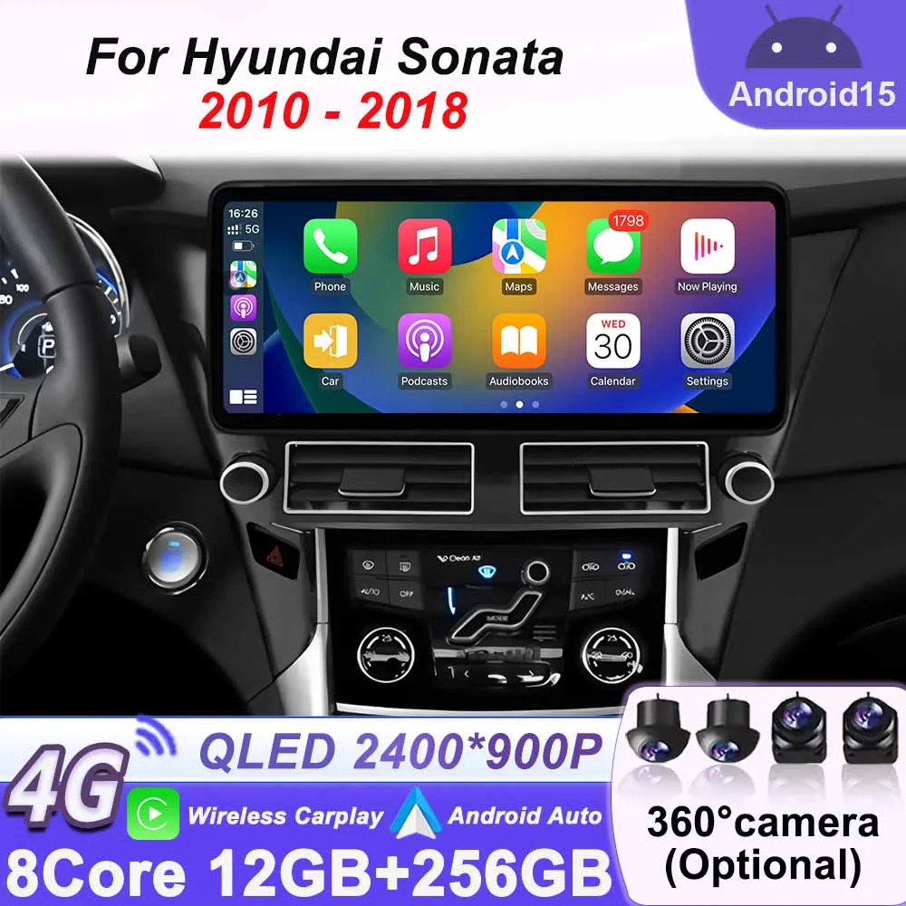 مشغل فيديو الوسائط المتعددة لشركة هيونداي سوناتا 2010 - 2018 أندرويد 15 راديو السيارة ستيريو نظام تحديد المواقع والملاحة رقم 2Din QLED شاشة 2400*900P
