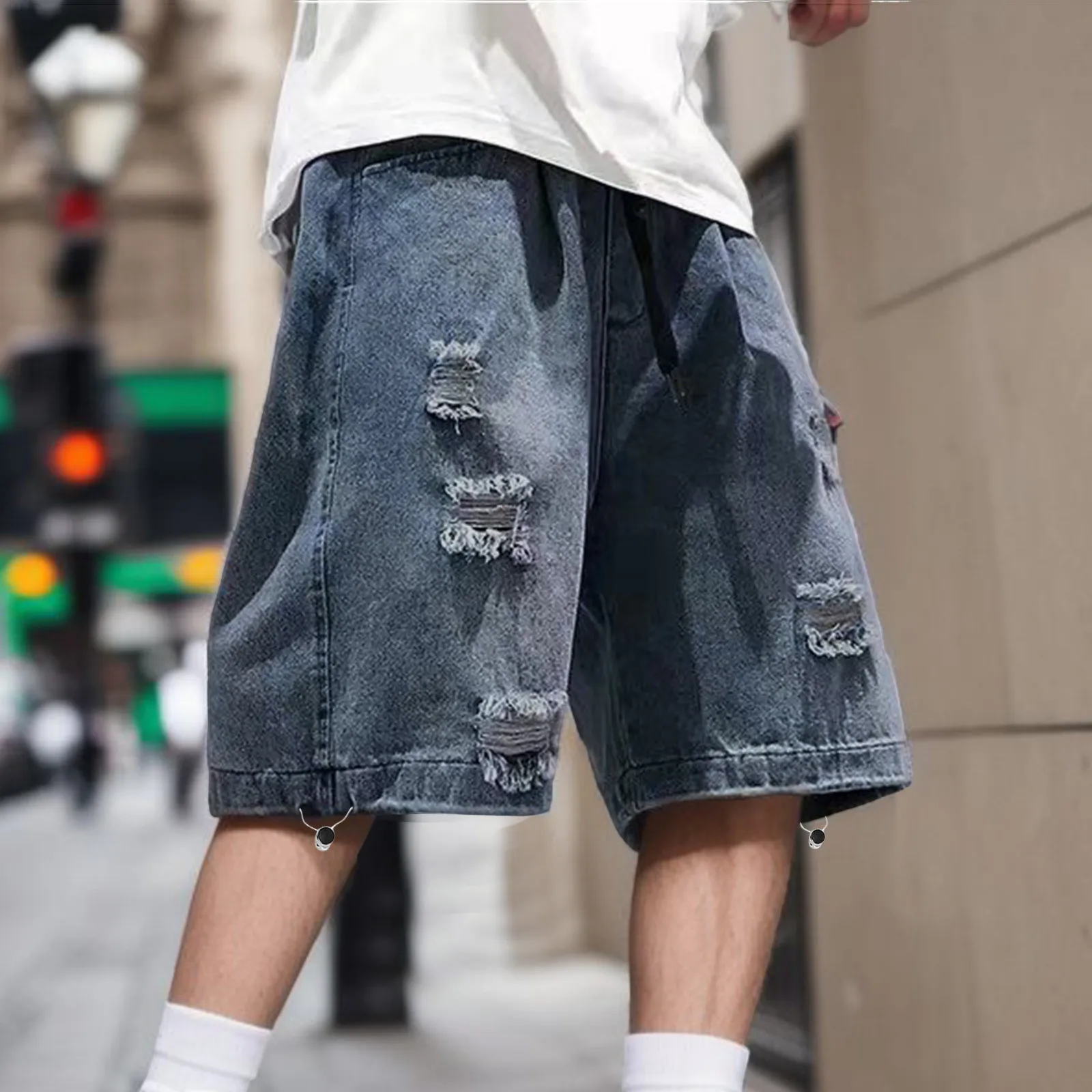 

Mens Jeans Summer Loose Straight Leg Baggy Jeans Casual Pocket Denim Quarter Shorts Solid Colour Street Style Denim Shorts