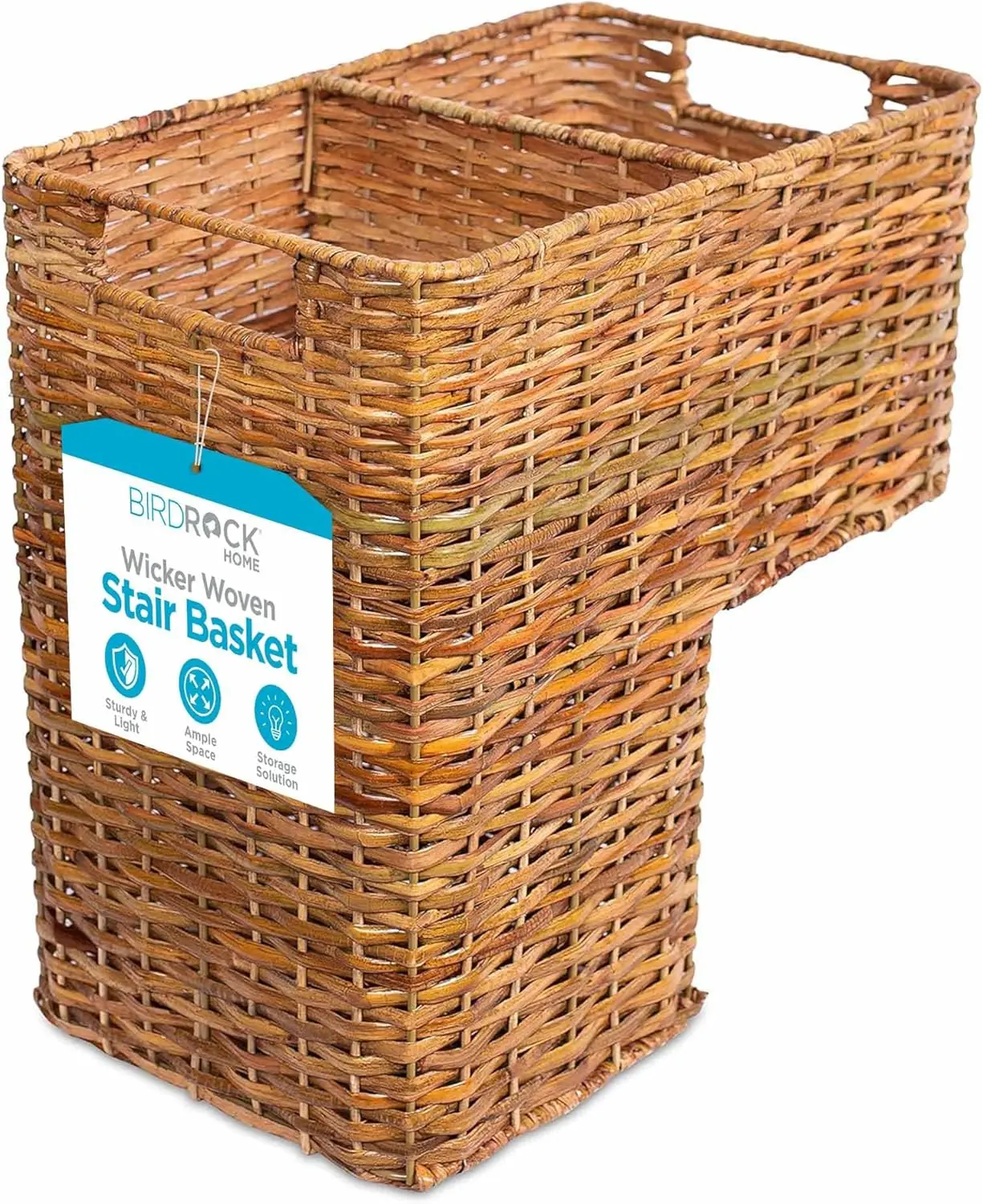 

Stair Basket for Staircases–Wicker Woven Storage Bin with Cut Out Handles–Reducing Clutter–Large Rectangular Design–Versatile