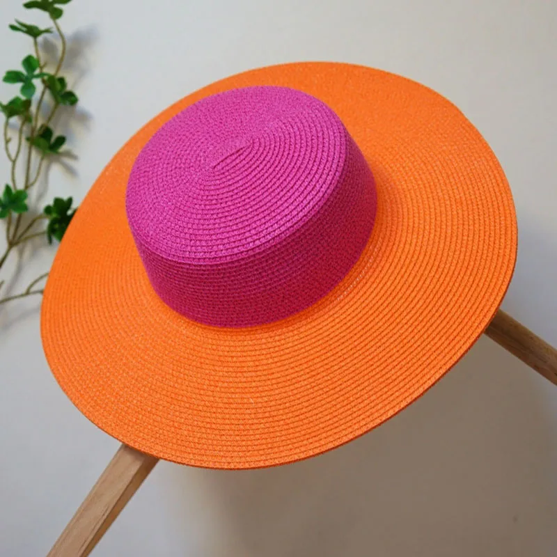 Wide Brim Hot Pink Orange Patchwork Straw Hats Flat Top Boater Hat Ladies Church Wedding Party Hat Derby Vocation Beach Hat