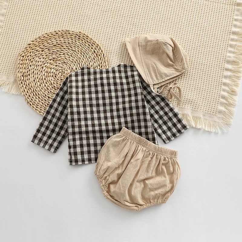 2023 Autumn Spring Newborn Baby Girls Boys Full Sleeve Plaid Top Shirts+shorts+hat Infant Kids 100% Cotton Clothing Set 3pcs