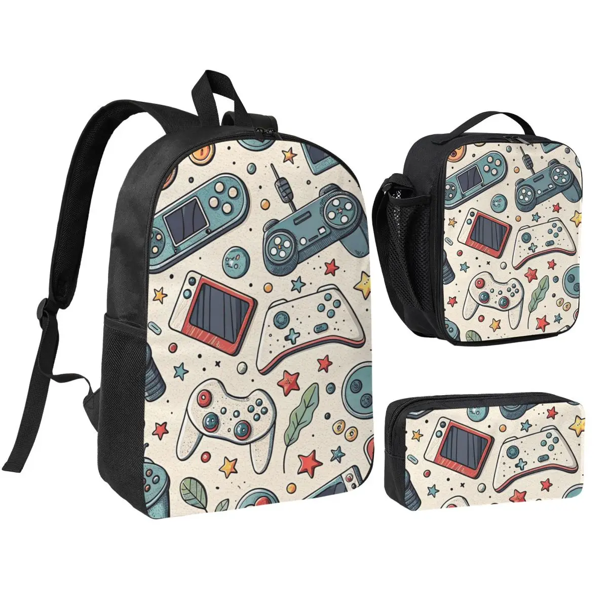 Retro Game Controllers Pattern Backpack Boys Girls BookBag School Bag Shoulder Bags 3ps Insulated Lunch Bag Pencil Case