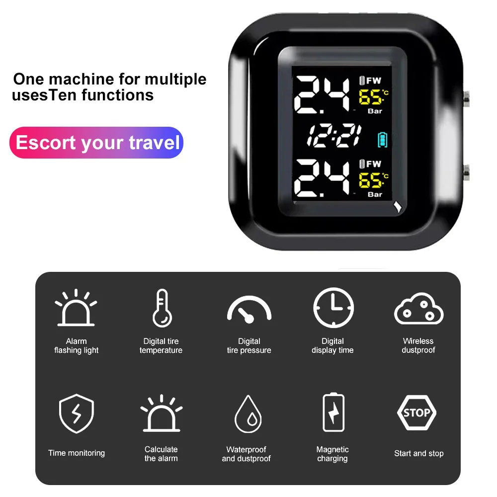 Motocyklowy system monitorowania ciśnienia w oponach TPMS Alarm temperatury z 2 czujnikami zewnętrznymi Systemy alarmowe opon Moto w czasie rzeczywistym