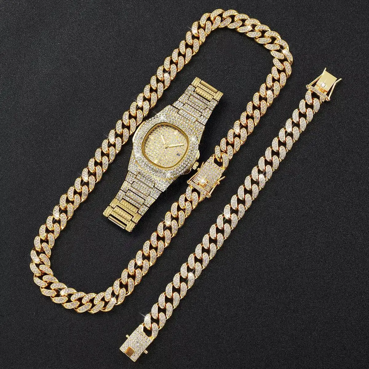 ساعة يد كوارتز بالماس بالكامل للرجال مع تقويم ، فولاذ مقاوم للصدأ ، ساعات رياضية للرجال ، فاخرة