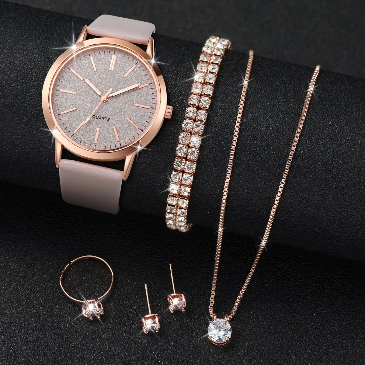 6pcs women's casual quartz watch frosted dial+jewelry set without watch box