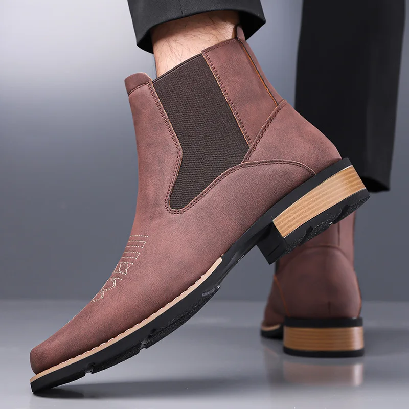 Men's Chelsea Boots High Quality Luxury Casual Leather Boot Retro Ankle Boots for Men Embroidery Western Cowboy Botas Masculinas