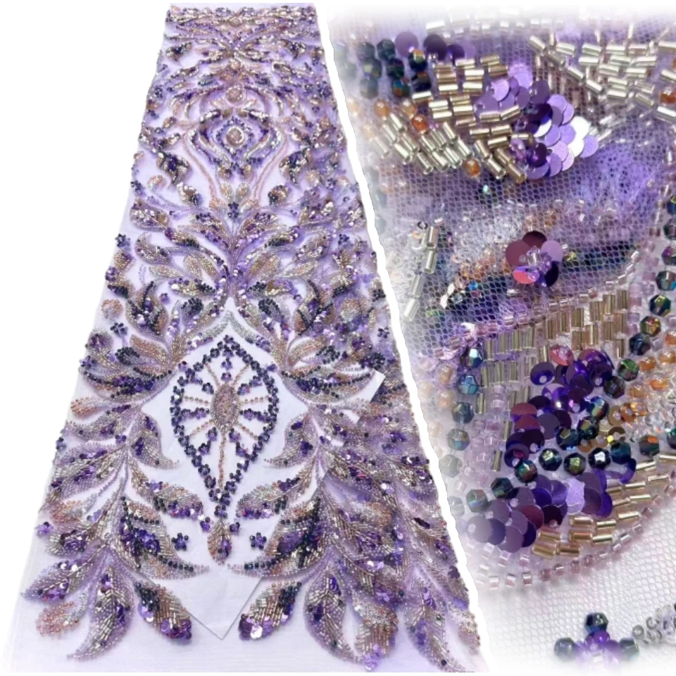 

Purple Luxury Handmade Heavy Beaded Lace Fabric 2026 African Nigerian Tulle Sequined Lace Fabric Gown Haute Couture Fabric 1812