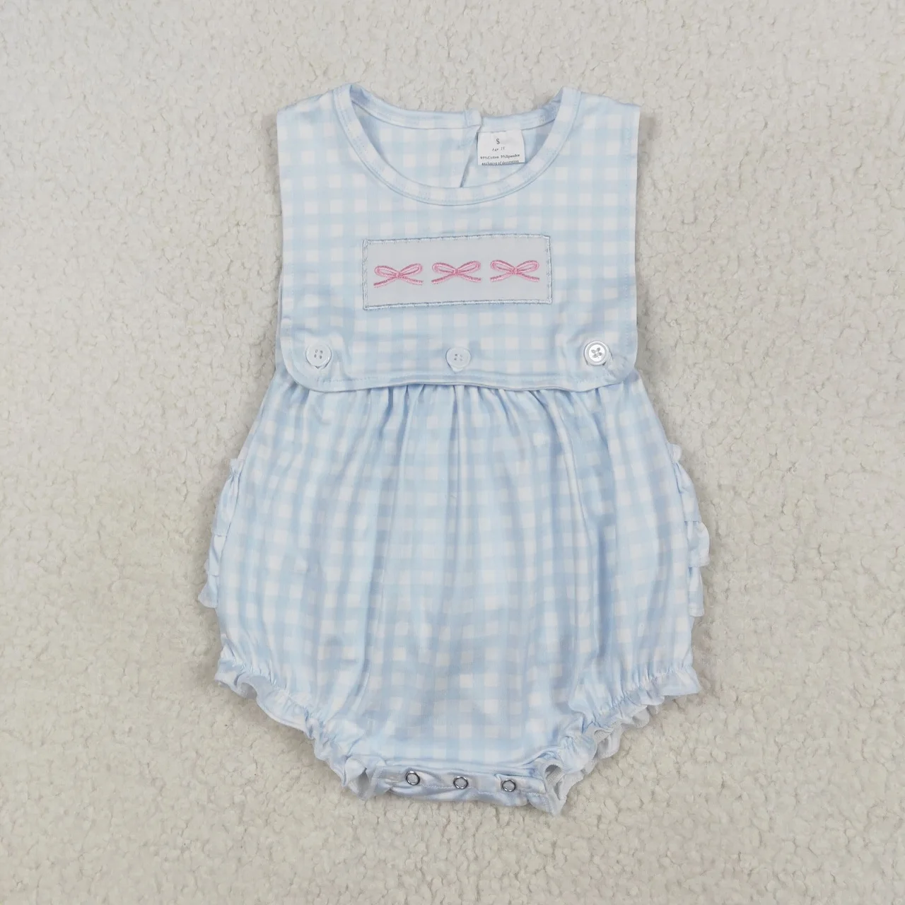 Wholesale Baby Girl Bodysuit Embroidery Bows Ruffle Bubble Newborn Children Coverall Sleeveless Blue Checked Toddler Kids Romper