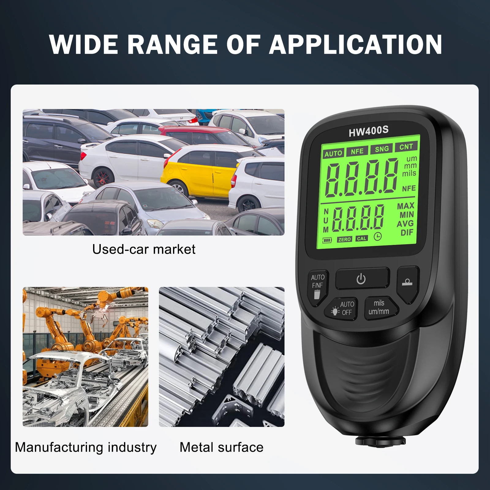 HW400S  0-2000UM Car Coating Thickness Gauge Paint Film Thickness Tester Paint Fe NFe Measuring Meter Digital Backlight