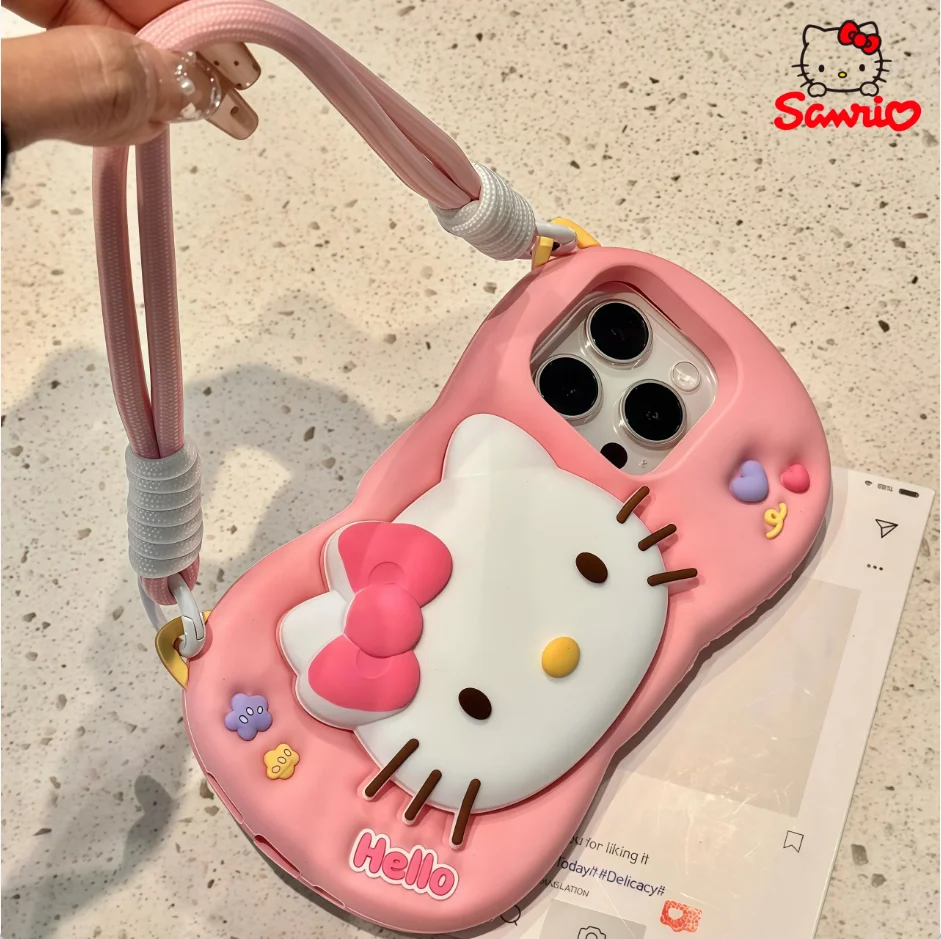 Soporte de Teléfono con Diseño de Hello Kitty para iPhone 17 16 15 14 13 12 Pro Max Plus 17 Pro, Funda Trasera 3D de Silicona Suave con Cordón