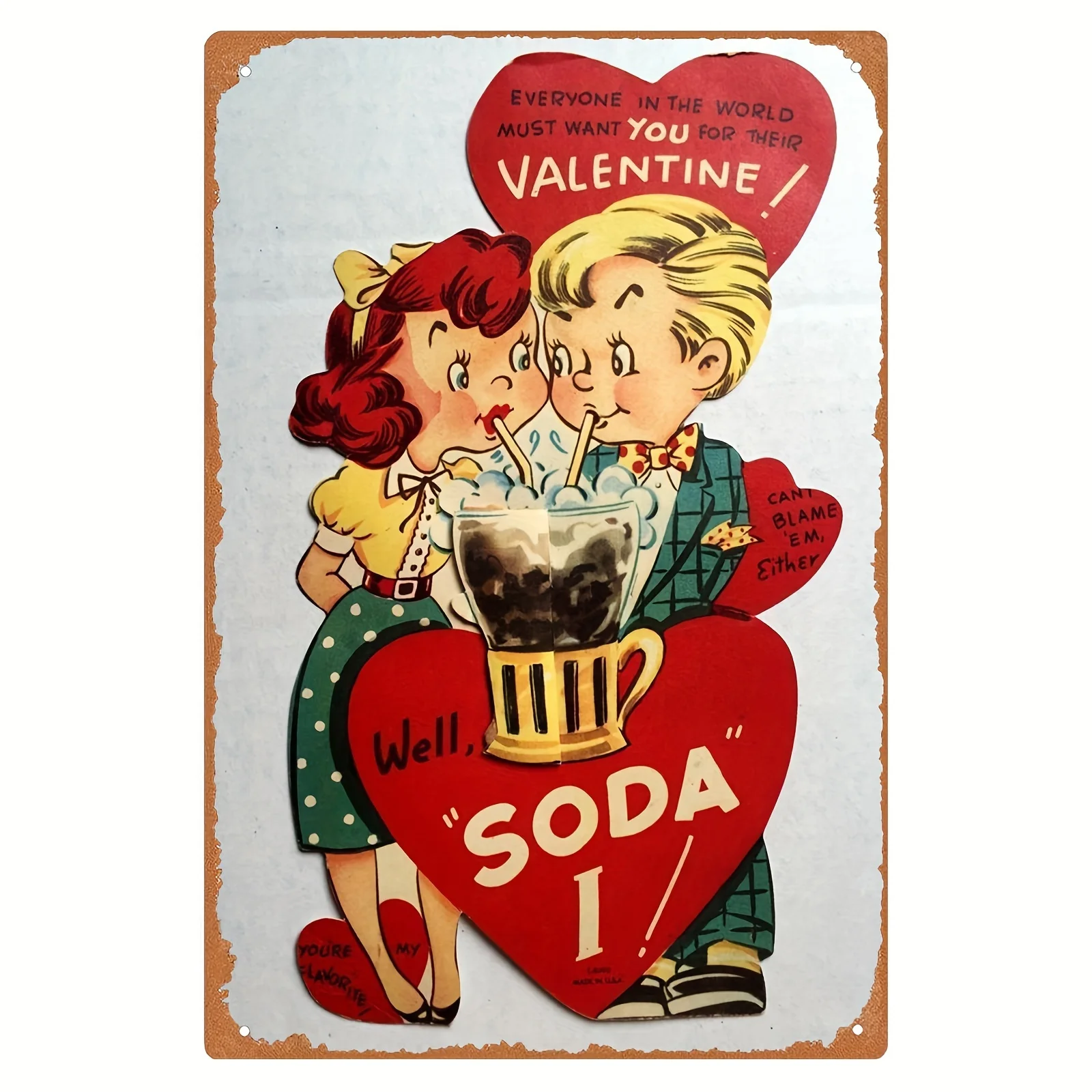 2D Flat Vintage 1950s Valentine'S Day Soda Pop Metal Sign with Retro Comic Design, Perfect for Home Decor & Gifts