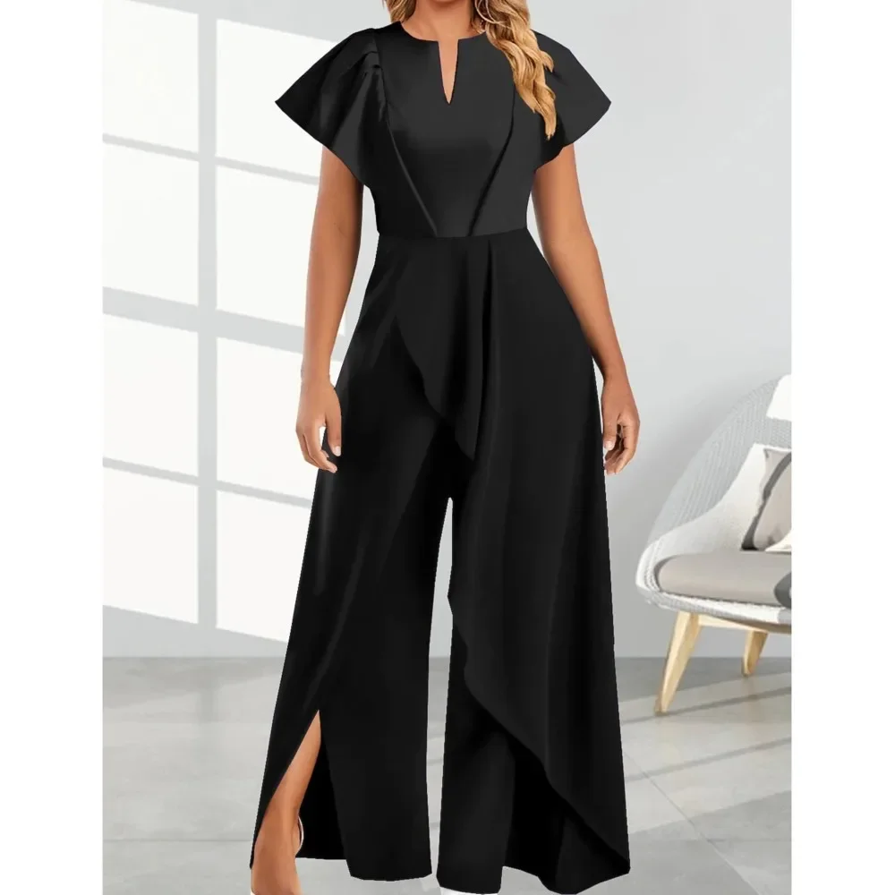 2025 Zomer Nieuwe Elegante Slit Onregelmatige Wijde Pijpen Jumpsuits Vrouwen Temperament Commuter Retro Rompertjes Dames Skew Kraag Jumpsuit