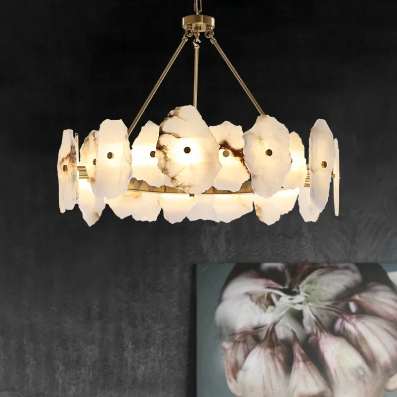 Spanish Marble Round Ceiling Chandelier Alabaster Natural Stone Pendant Light for Living Dining Room Bedroom Decor