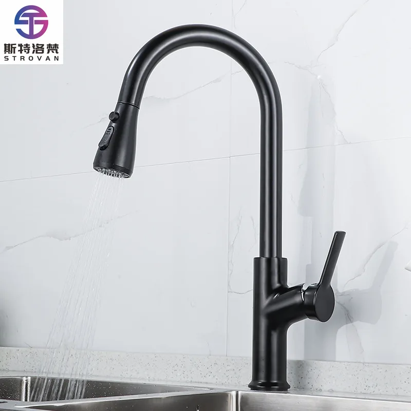 

Modern Single-Handle Dual Hot Cold Water Retractable Black Kitchen Sink Outlet Ceramic Valve Core Pull-Out Brass Faucet