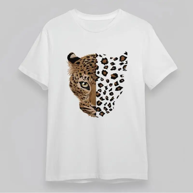 

Women'S Soft Classic T Shirt Realistic Leopard Half Face Animal Print