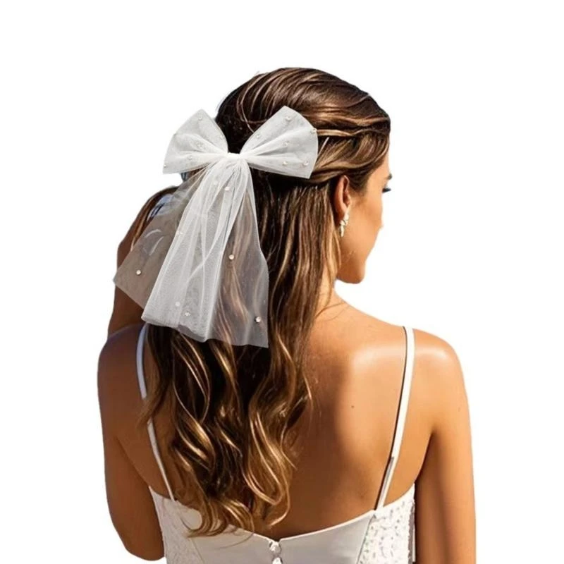 

Elegant Rhinestones Bows Bridal Veil Hair Clip Headwear For Weddings And Parties 15UB