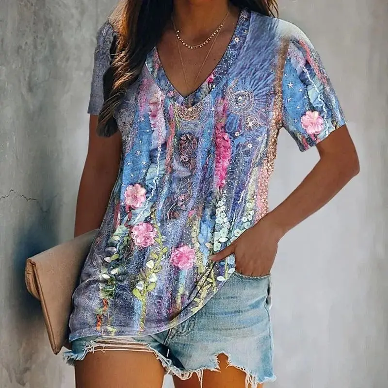 Summer New Women's T-shirt 3D Gorgeous Butterfly Print V-neck Short Sleeve Shirt Fashion Women's T-shirt Clothing Y2k T-shirt