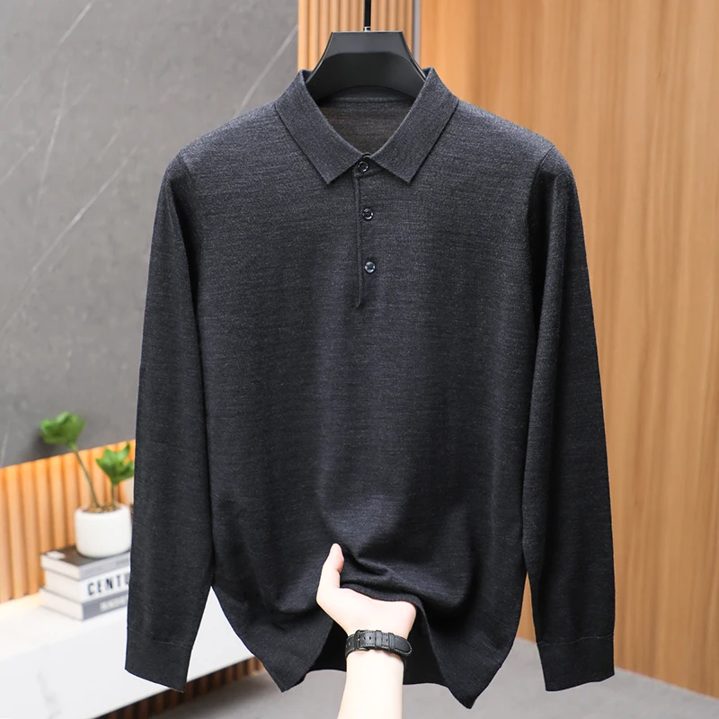 High Grade 100% Superfine Wool Polos Men Spring Autumn Classic Turn Down Knitwear Long Sleeve Worsted Wool Thin Tops Pullovers