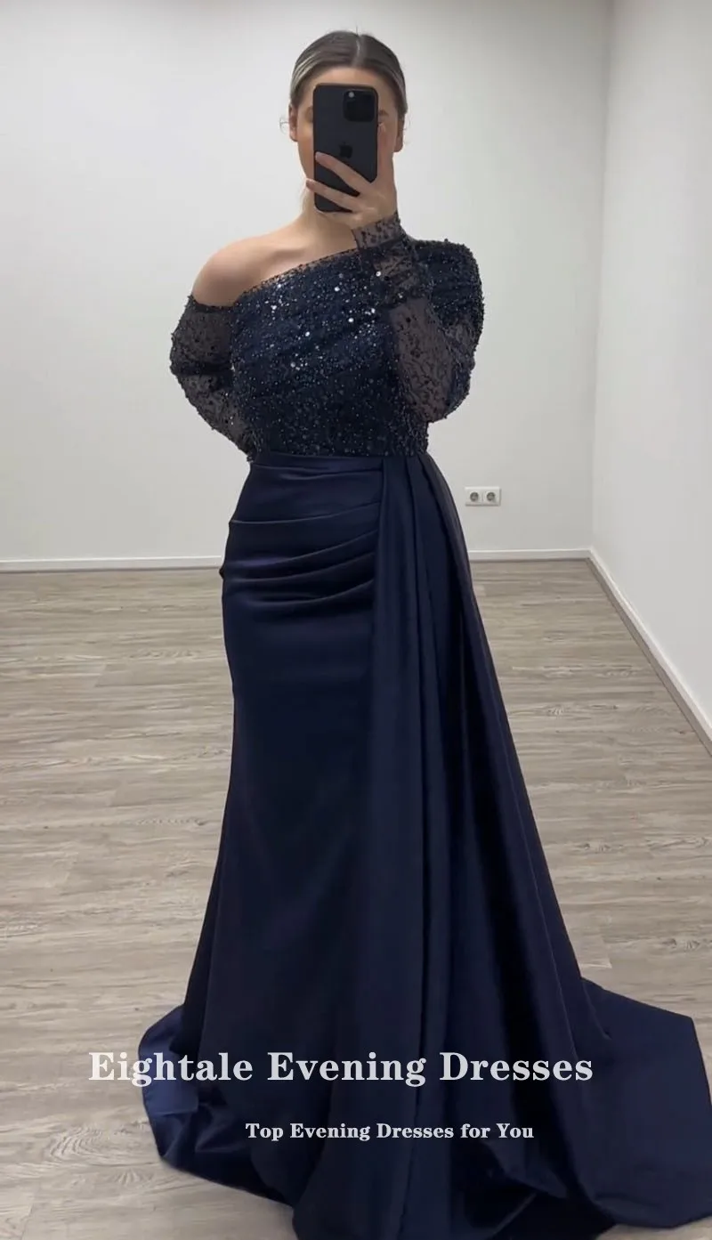 Eightale Navy Blue Evening Dress Mermaid Prom Gown Satin One Shoulder Sequined Long Sleeves Customized Wedding Party Dress