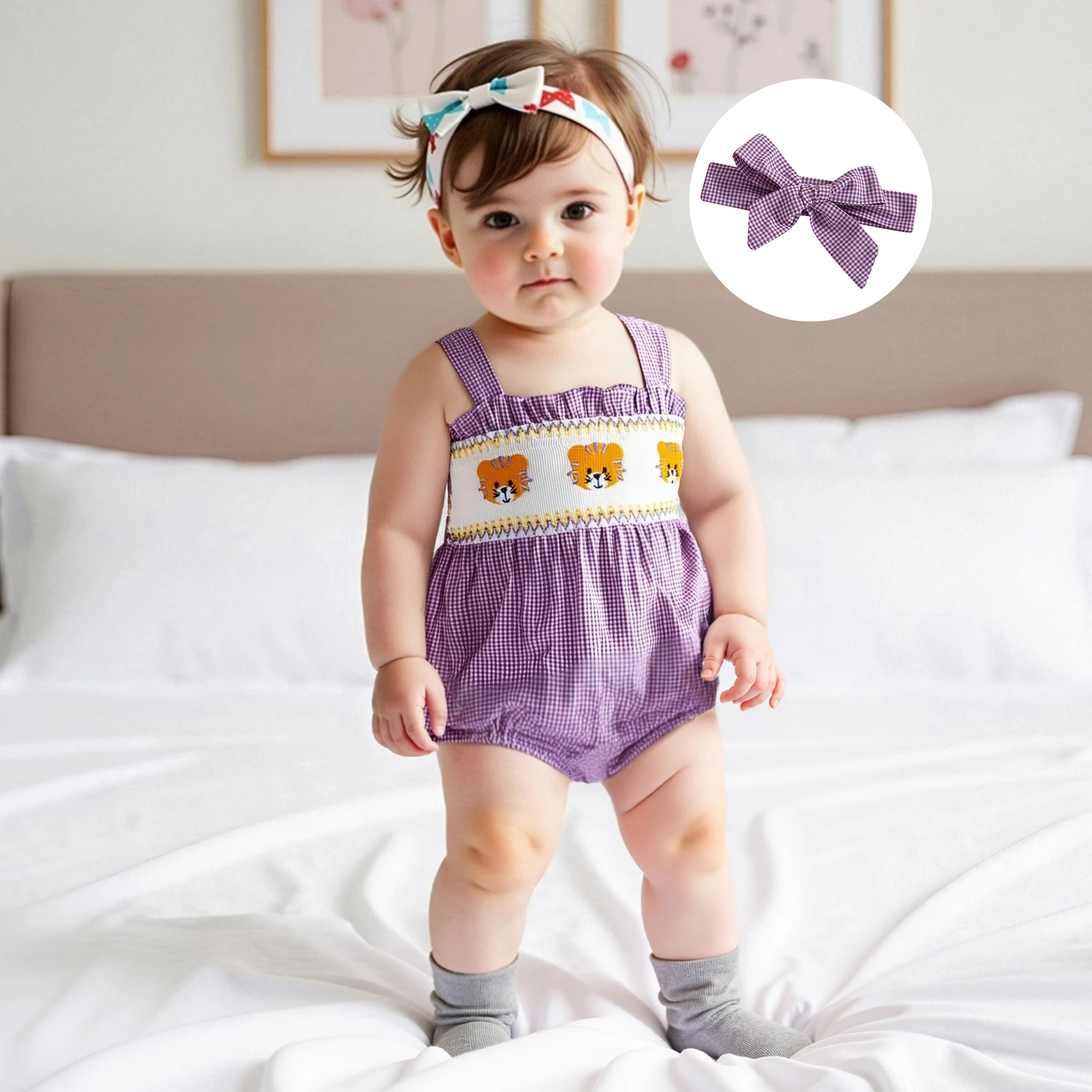 

Baby Girl Plaid Overall Romper Tiger Embroidered Smocked Sleeveless Jumpsuit Newborn Infant Clothes