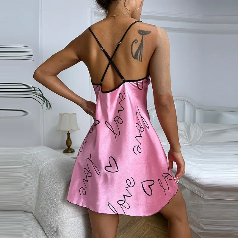 Silk Satin Women Nightgown Sleeveless Cross Back Sleepwear Letter Print Round Neck Nightwear Pajama Dress Female Homewear Cloth