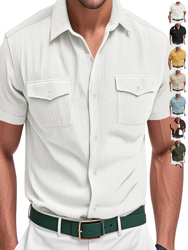 

American Sle Corduroy Work irt ort Sve Breathable Polyester Fiber Loose Fit Summer Casual Pure Color irt